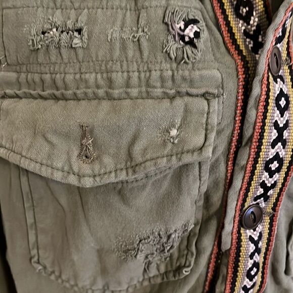 Free People Distressed Green Embroidered Detailing Boho Gray Hoodie Crop Jacket - Picture 7 of 12